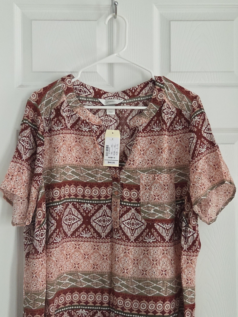 CJ Banks Pink & Burgundy Tribal Print Short Sleeve Tunic